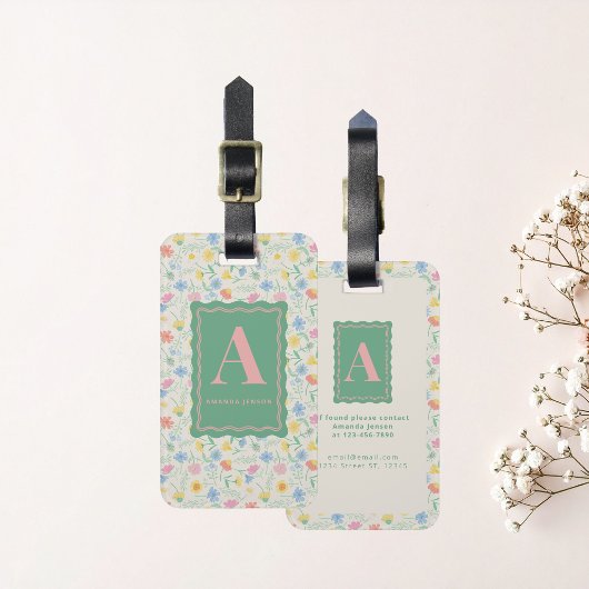 Wilde Bloem Florale Gepersonaliseerde Initiaal en Bagagelabel