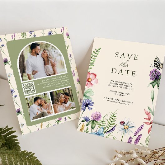 Wilde Bloem Foto QR Code Crème Trouwfeest Save The Date