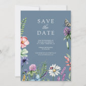 Wilde Bloem Foto QR Code Stofblauw Trouwfeest Save The Date (Voorkant)