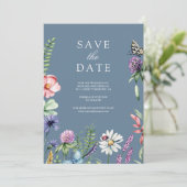 Wilde Bloem Foto QR Code Stofblauw Trouwfeest Save The Date (Staand voorkant)