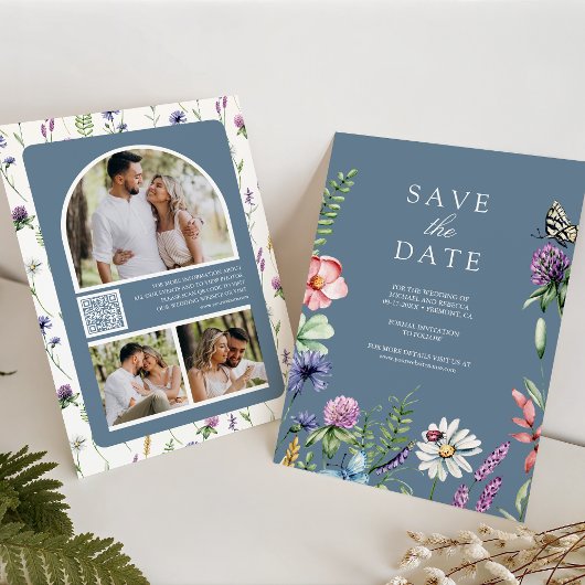 Wilde Bloem Foto QR Code Stofblauw Trouwfeest Save The Date