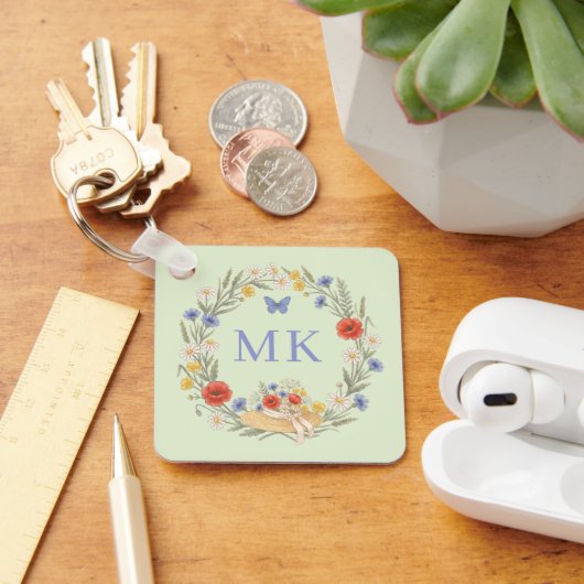 Wilde Bloem Frame Vlinder Monogram Sage Sleutelhanger (Bureau)