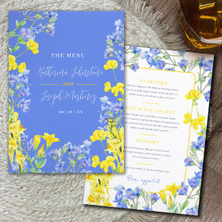 Wilde bloem geel blauw waterverf bloemige bruiloft menu