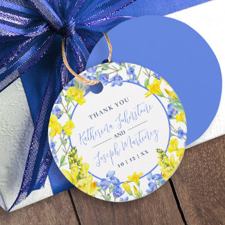 Wilde bloem geel blauw waterverf botanica bruiloft bedankjes labels