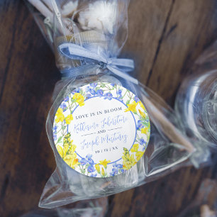 Wilde bloem geel blauw waterverf botanie trouwen ronde sticker