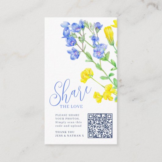 Wilde bloem gele blauwe foto met QR-deling Informatiekaartje (Voorkant)