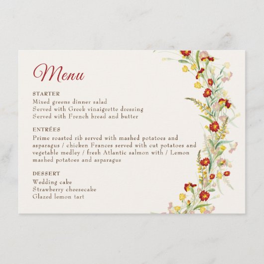Wilde Bloem Gele Marigold Gebladerte Huwelijk Menu (Voorkant)