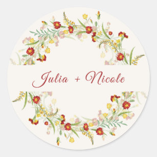 Wilde Bloem Gele Marigold Gebladerte Huwelijk Ronde Sticker