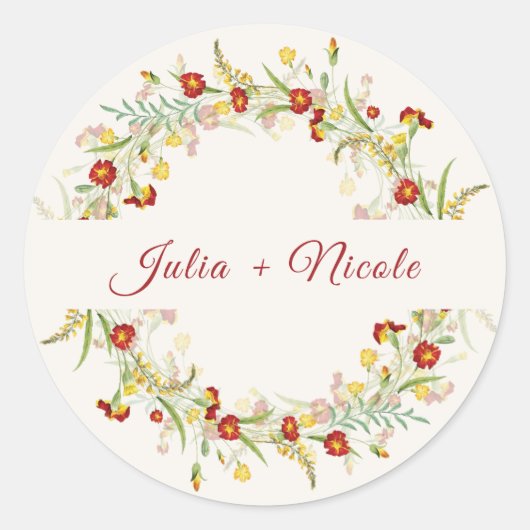 Wilde Bloem Gele Tagetes Loof Bruiloft Ronde Sticker (Voorkant)