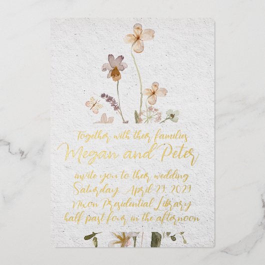Wilde bloem Gold Foil Calligrafie Fine Art Style Folie Uitnodiging (Voorkant)