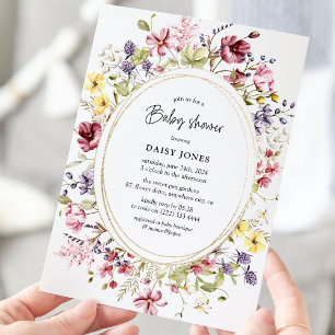 Wilde bloem & Gouden Ovale Baby Shower Kaart
