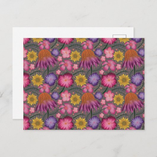 Wilde bloem Gray Floral Pattern Briefkaart (Voorkant / Achterkant)