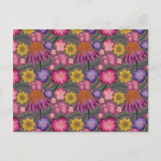 Wilde bloem Gray Floral Pattern Briefkaart (Voorkant)