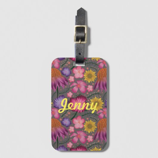 Wilde bloem Grijze Floral Gepersonaliseerd Bagagelabel (Voorkant (verticaal))