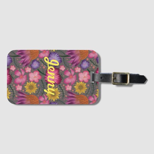 Wilde bloem Grijze Floral Gepersonaliseerd Bagagelabel (Voorkant (horizontaal))