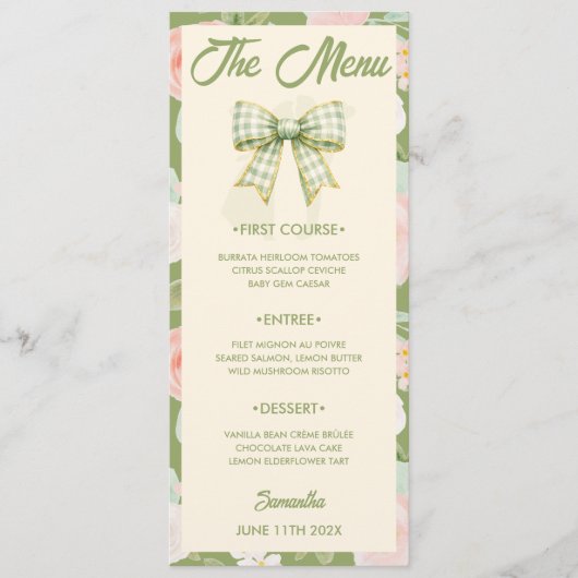 Wilde Bloem Groen Gingham Strik Huwelijksmenu Kaar Menu (Voorkant)