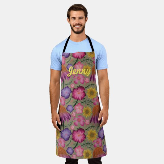 Wilde bloem Groene Floral Aangepast Schort (Gedragen)