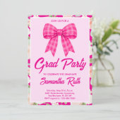 Wilde Bloem Heet Roze Gingham Strik Afstudeerfeest Kaart (Staand voorkant)