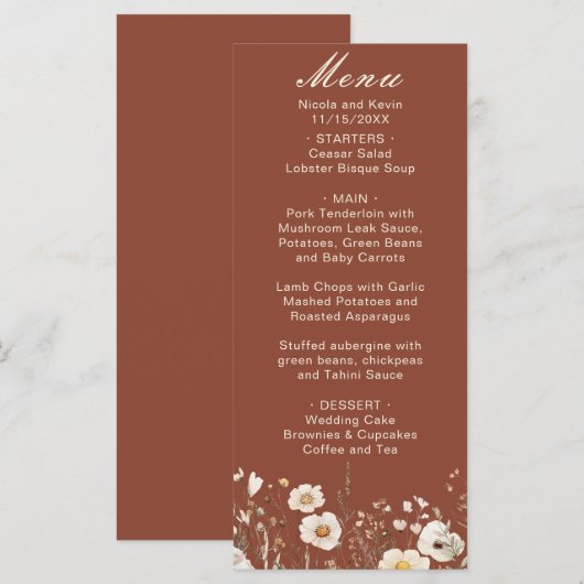 Wilde bloem herfst bloem bruiloft menu (Voorkant / Achterkant)