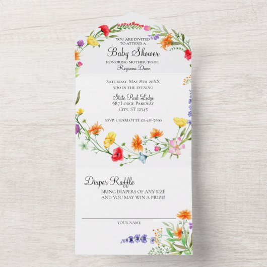 Wilde bloem in één Baby shower All In One Uitnodiging (Binnen)