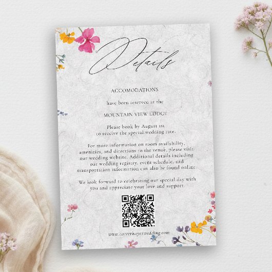 Wilde Bloem Ivoor Elegante QR Code Huwelijksdetail Informatiekaartje