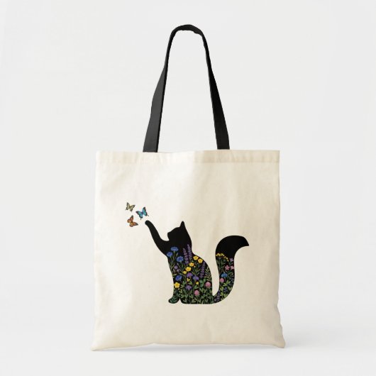Wilde bloem Kat Silhouet Vlinder  Tote Bag (Voorkant)