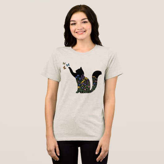 Wilde bloem kat Silhouet Vlinder  Tri-Blend Shirt (Voorkant volledig)