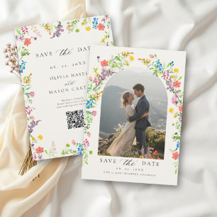 Wilde Bloem Kleurrijke Bloem Foto Ecru Bruiloft Save The Date