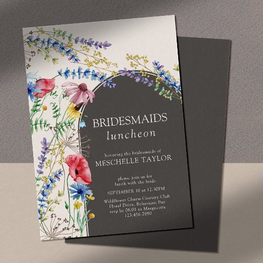 Wilde bloem Korm Floral Arch Bridesmaids Luncheon Kaart
