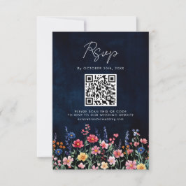 Wilde Bloem Landelijke Boho Bloemen Marineblauw QR RSVP Kaartje