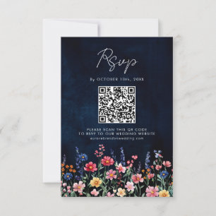 Wilde Bloem Landelijke Boho Bloemen Marineblauw QR RSVP Kaartje