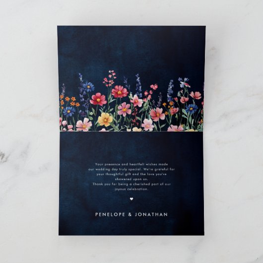 Wilde Bloem Landelijke Boho Bloemige Navy Trouwdag Bedankkaart (Binnen)