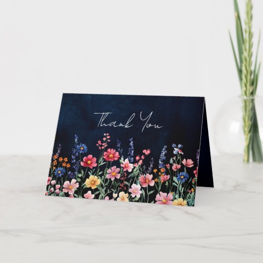 Wilde Bloem Landelijke Boho Bloemige Navy Trouwdag Bedankkaart (Voorkant)