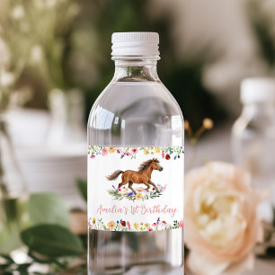 Wilde Bloem Landelijke Paarden Meisje Verjaardagsf Waterfles Etiket