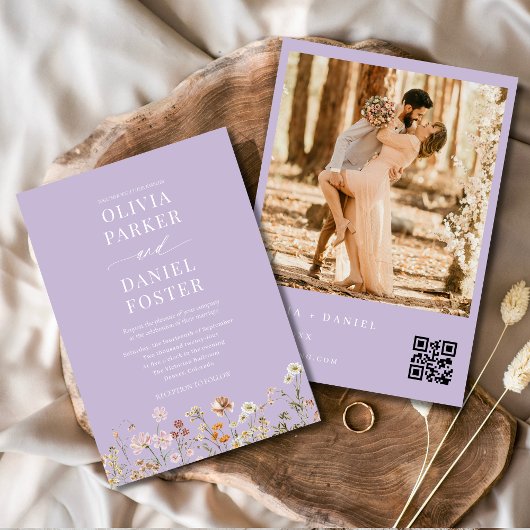 Wilde bloem lavendel paarse QR-code foto bruiloft Kaart