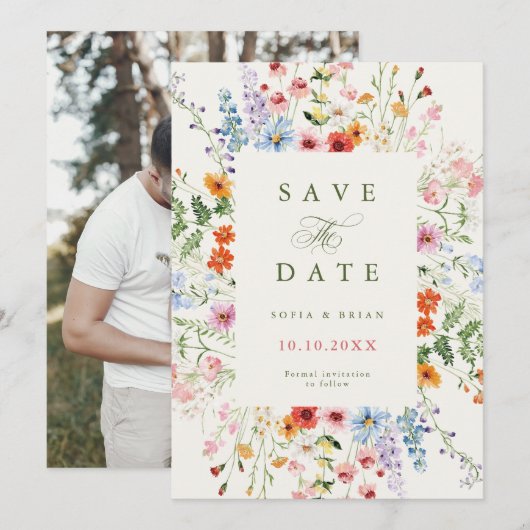 Wilde bloem lente weide tuin rustieke boho foto save the date (Voorkant / Achterkant)
