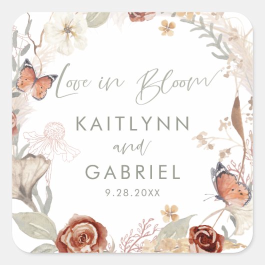 Wilde-bloem-liefde in Bloom Wreath Waterverf Weddi Vierkante Sticker (Voorkant)