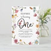 Wilde bloem maakt 1 meisje op de eerste verjaardag kaart (Staand voorkant)