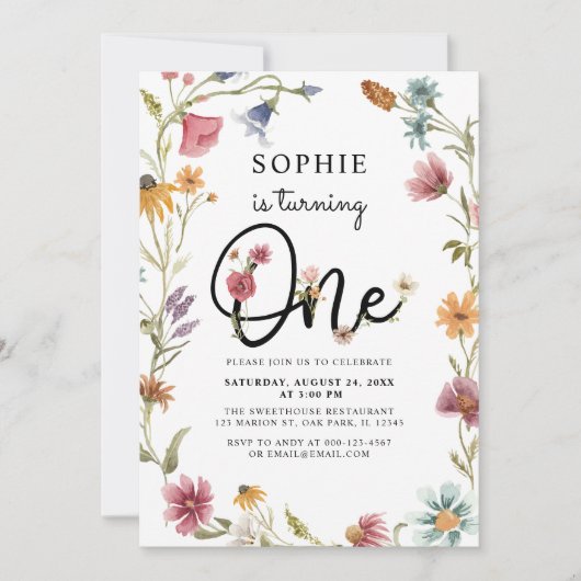 Wilde bloem maakt 1 meisje op de eerste verjaardag kaart (Voorkant)