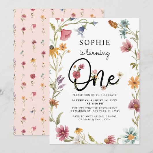 Wilde bloem maakt 1 meisje op de eerste verjaardag kaart (Voorkant / Achterkant)