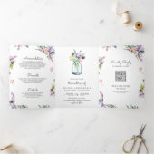 Wilde bloem Mason Jar All in One QR Code Weddensch Drieluik Uitnodiging (Binnen)