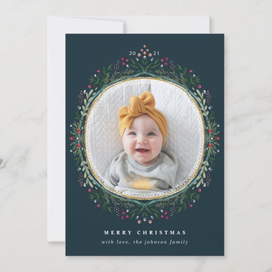 Wilde bloem met handschrift, met kerstfoto feestdagenkaart (Voorkant)