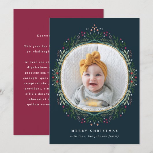 Wilde bloem met handschrift, met kerstfoto feestdagenkaart (Voorkant / Achterkant)