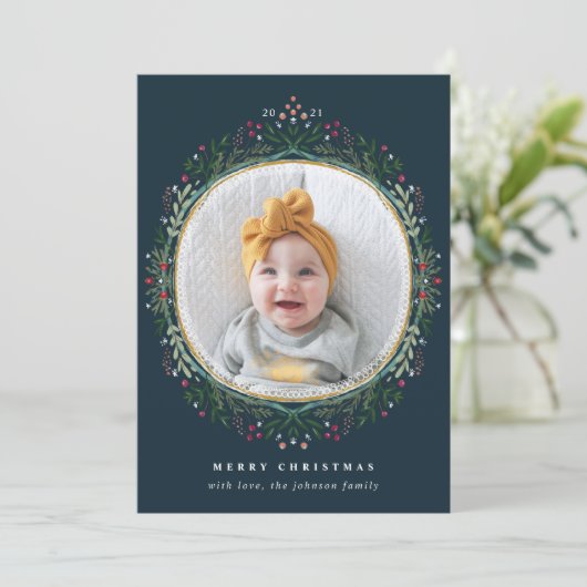 Wilde bloem met handschrift, met kerstfoto feestdagenkaart (Staand voorkant)