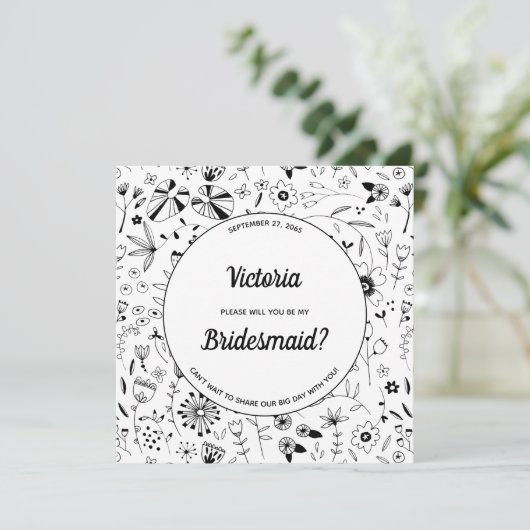 Wilde bloem Monochroom Modern zijn mijn Bridesmaid Kaart (Staand voorkant)