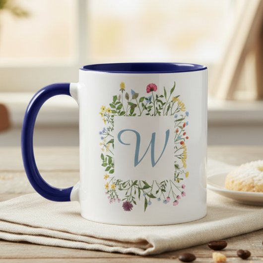 Wilde Bloem Monogram Blauwe Initiaal Mok