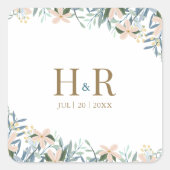 Wilde bloem monogram huwelijksdatum vierkante stic sticker (Voorkant)