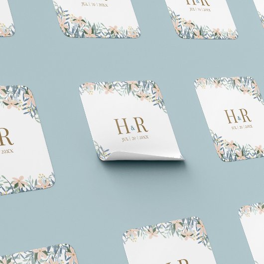 Wilde bloem monogram huwelijksdatum vierkante stic sticker