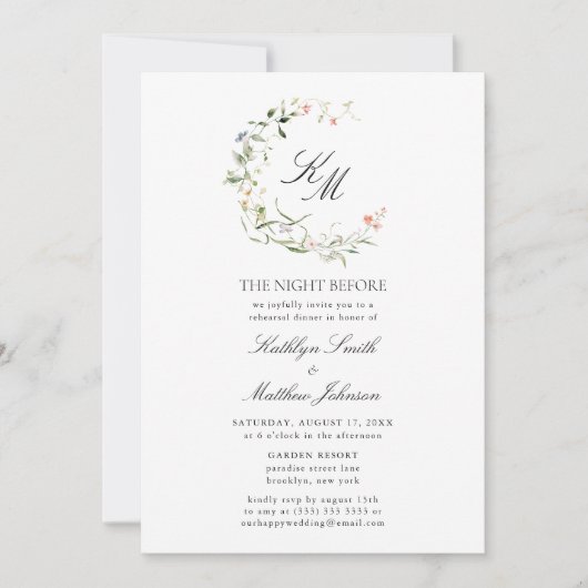 Wilde bloem Monogram Krans Modern De Nacht Voor Kaart (Voorkant)