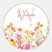 Wilde bloem Monogram Ronde Sticker (Voorkant)